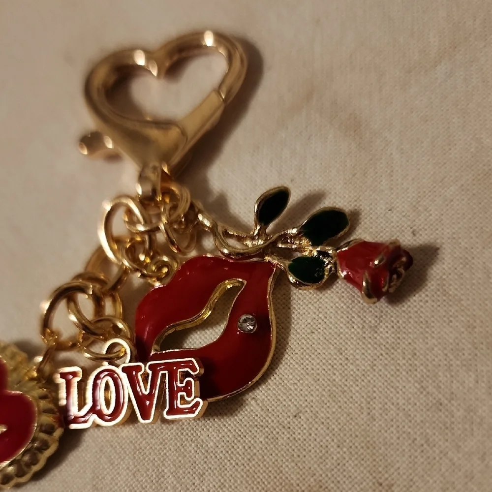 Gold and Red Heart Charm Keychain
